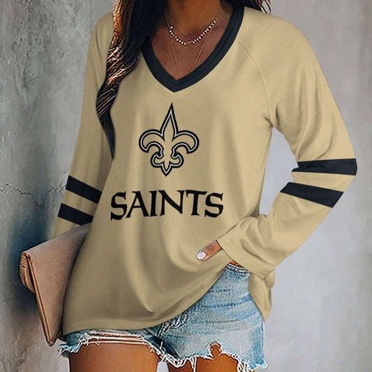 New Orleans Saints Women's V-neck Double-layered Long-sleeved Loose T-shirt