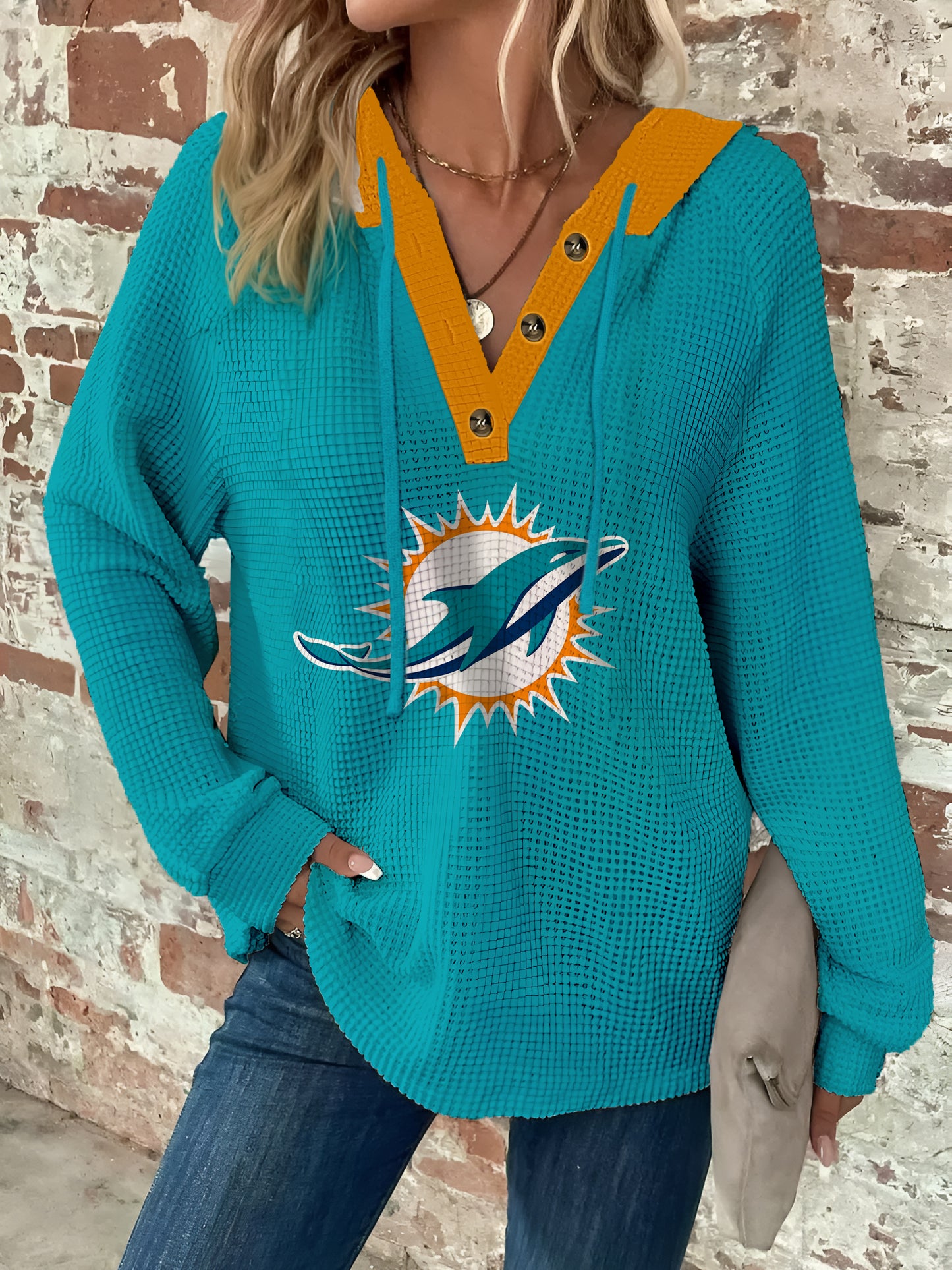 Half Button Raglan Sleeve Drawstring Hoodie