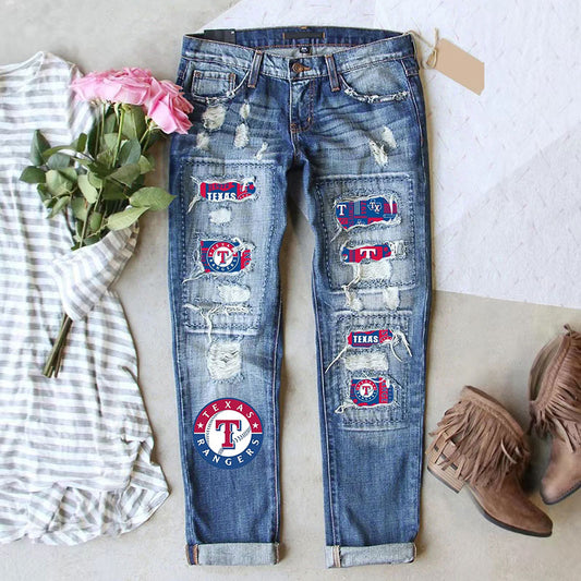 Casual Fashion Perforated Printed Jeans