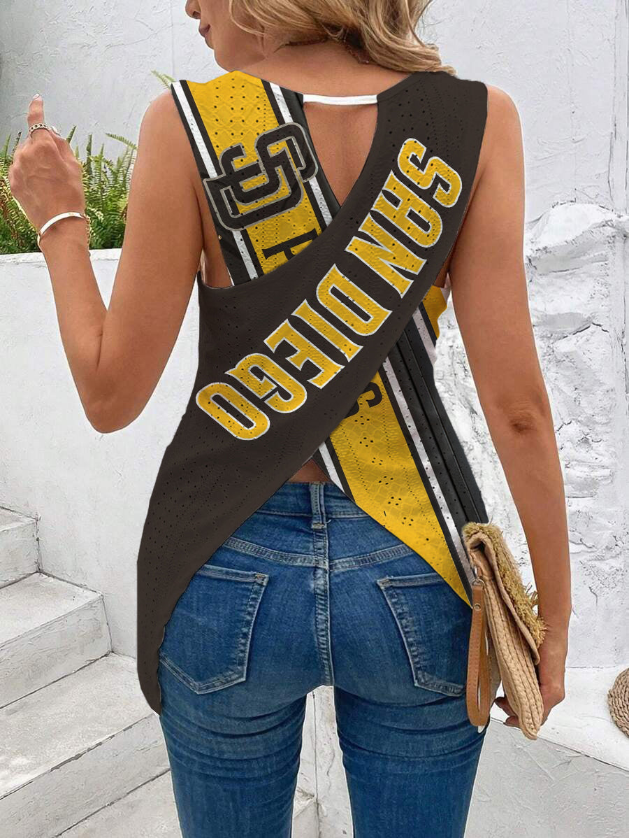 Padres Cut Out Wrap Cross Wrap Back Asymmetrical Beach Tank Top