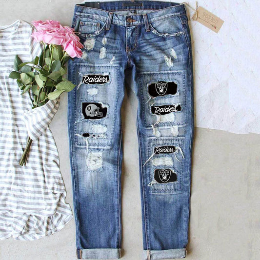casual fashion perforated printed jeans