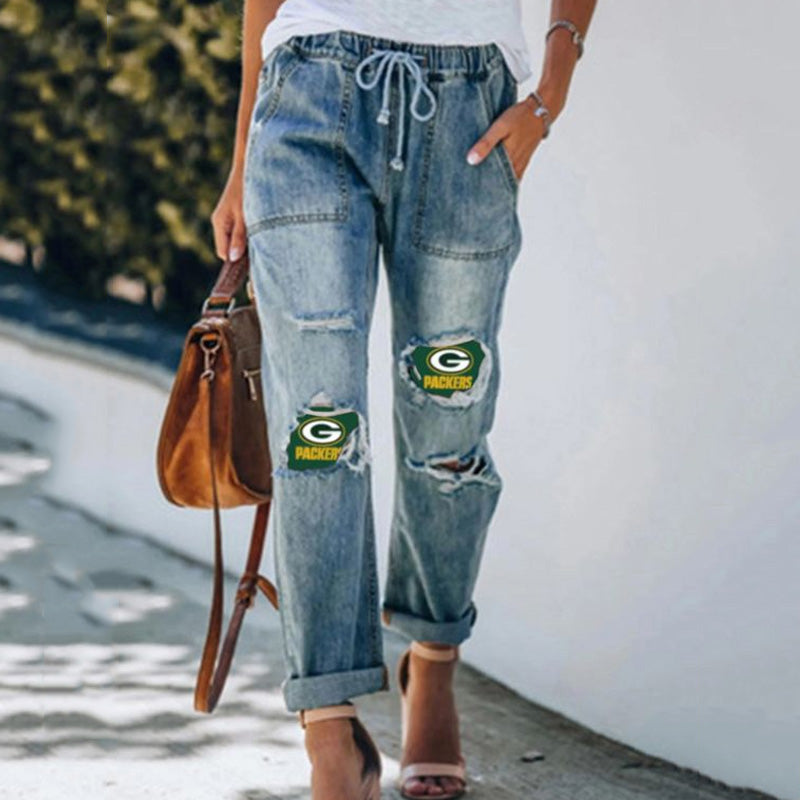 casual fashion perforated printed jeans
