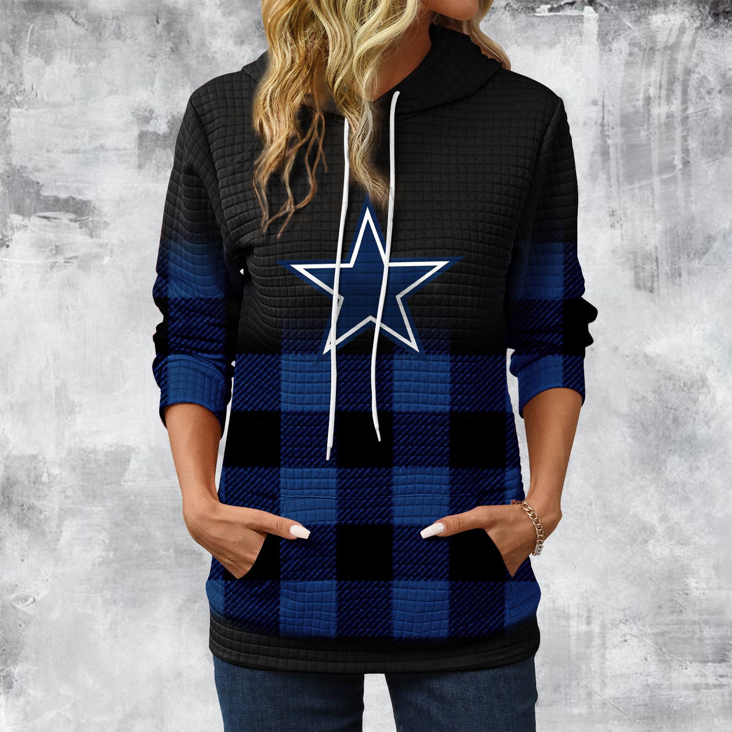 Gradient Patchwork Plaid Long Sleeve Hoodie