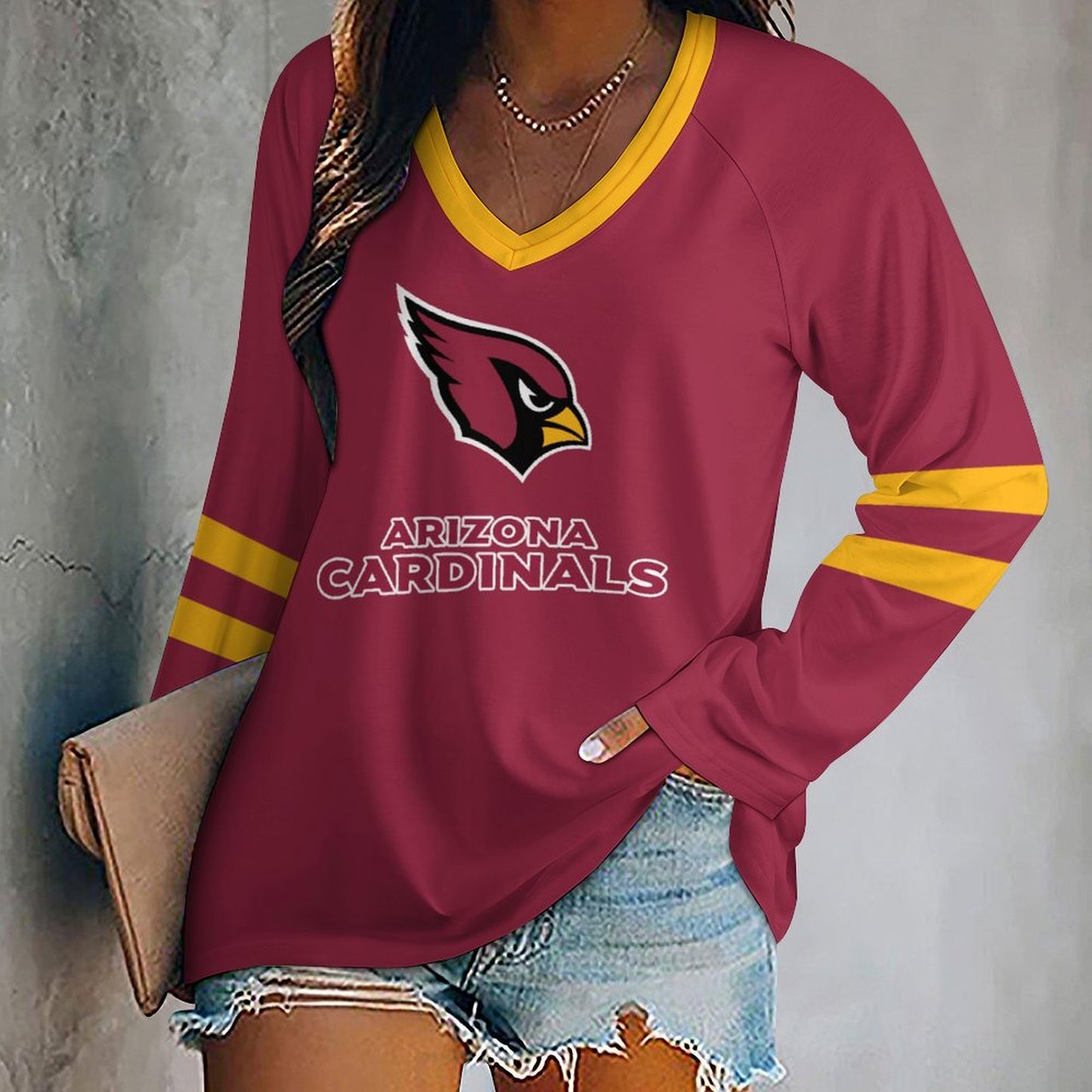Arizona Cardinals Women's V-neck Double-layered Long-sleeved Loose T-shirt