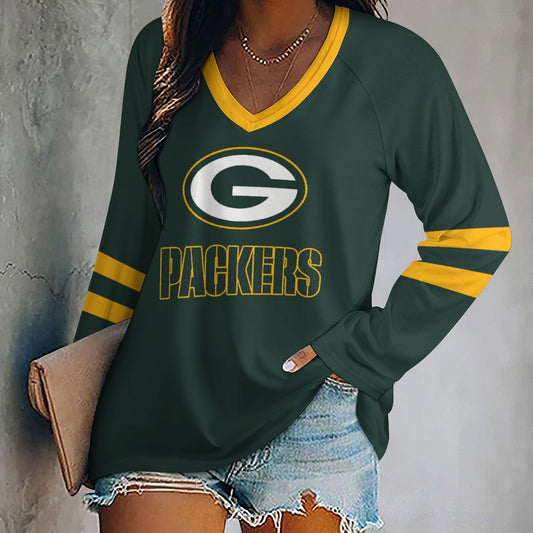 Green Bay Packers Women's V-neck Double-layered Long-sleeved Loose T-shirt