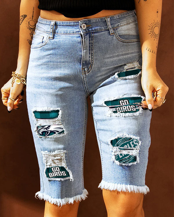 casual fashion perforated printed jeans