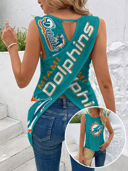 Miami Dolphins Cut Out Wrap Cross Wrap Back Asymmetrical Beach Tank Top