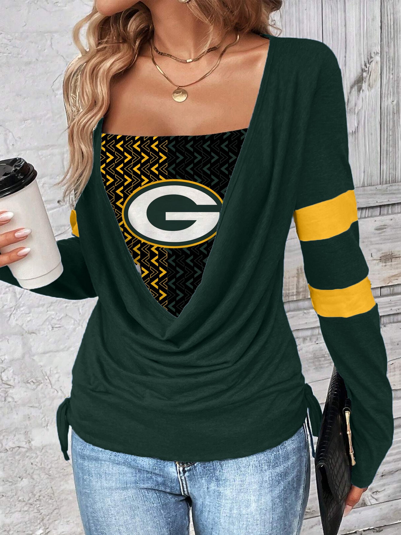 Contrast draped side drawstring T-shirt