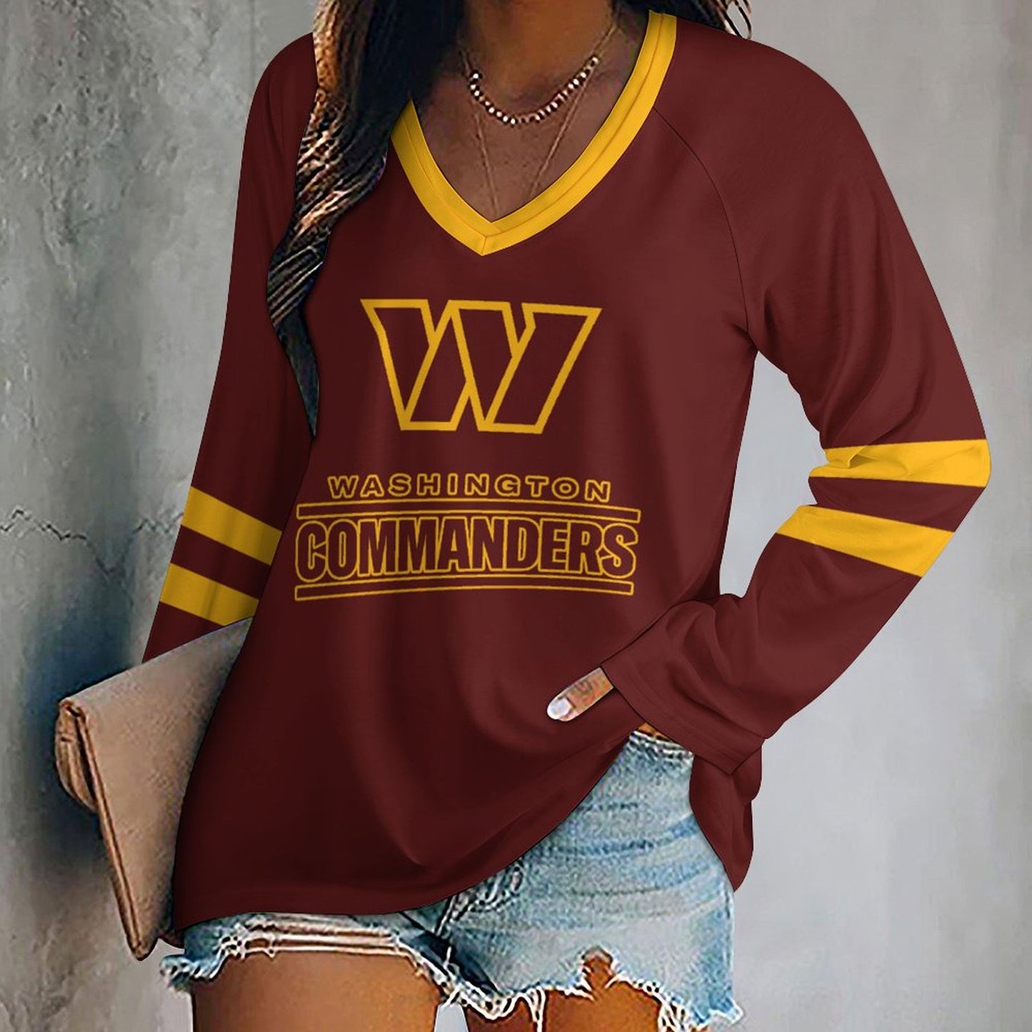 Washington Commanders Women's V-neck Double-layered Long-sleeved Loose T-shirt