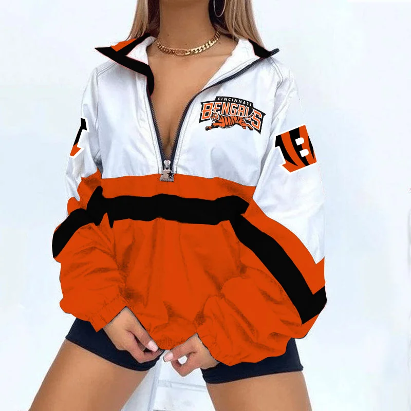 Women's Football Print V Neck Zipper Sweatshirt Jacket