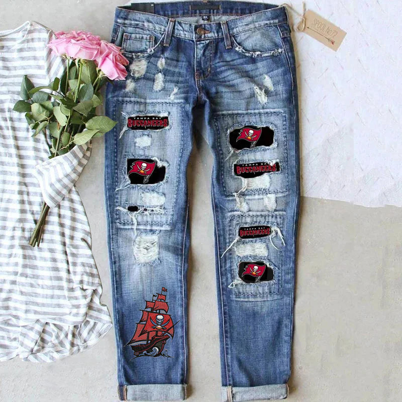 casual fashion perforated printed jeans