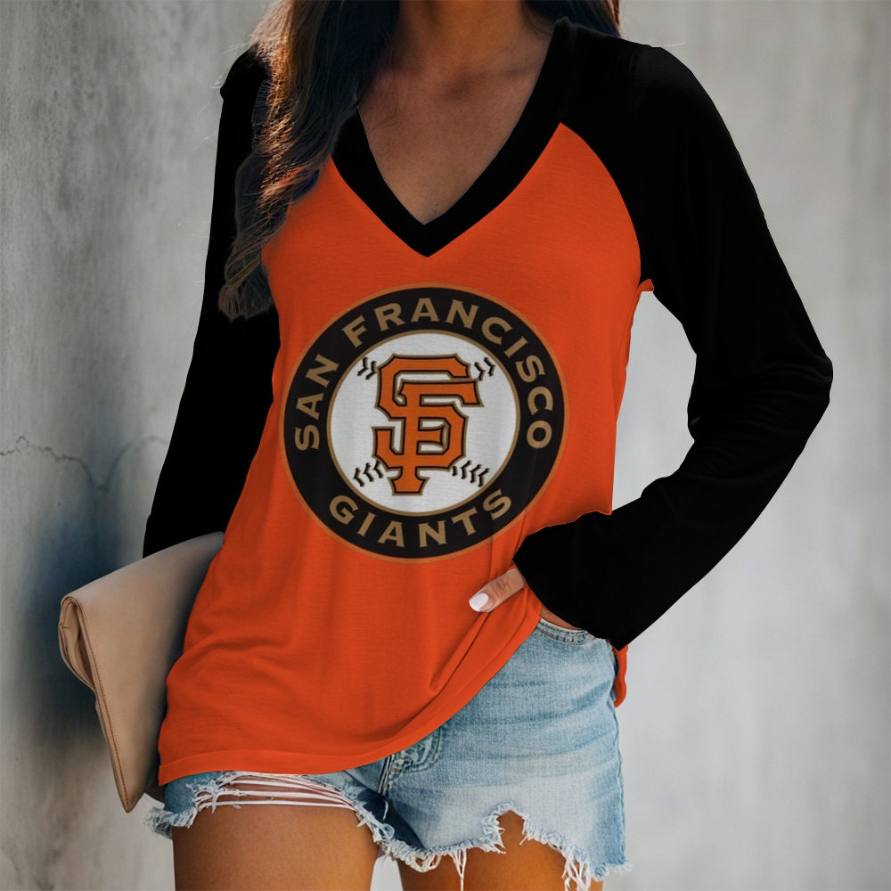 Women's V-neck Double-layered Long-sleeved Loose T-shirt