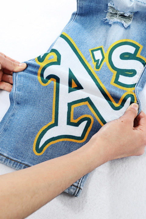 STRETCH RIPPED FRAYED RAW HEM DISTRESSED DENIM JEANS WITH HOLE