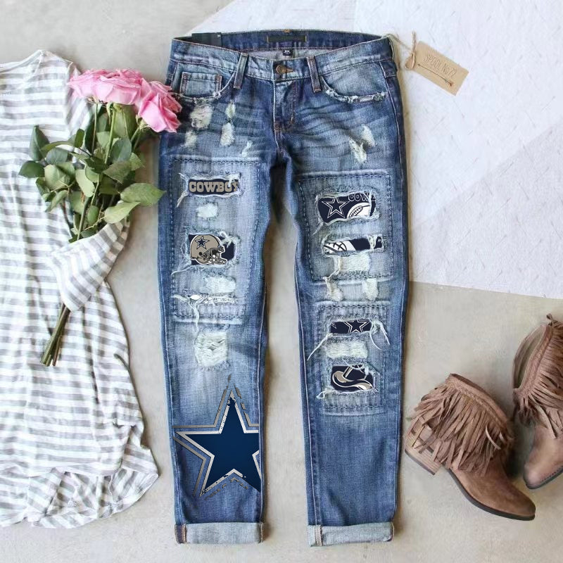 STRETCH RIPPED FRAYED RAW HEM DISTRESSED DENIM JEANS WITH HOLE