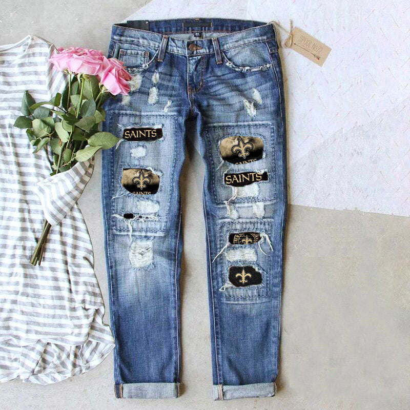 casual fashion perforated printed jeans