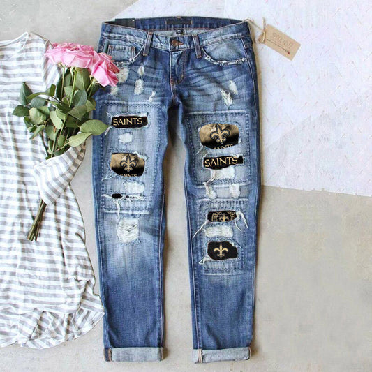 casual fashion perforated printed jeans