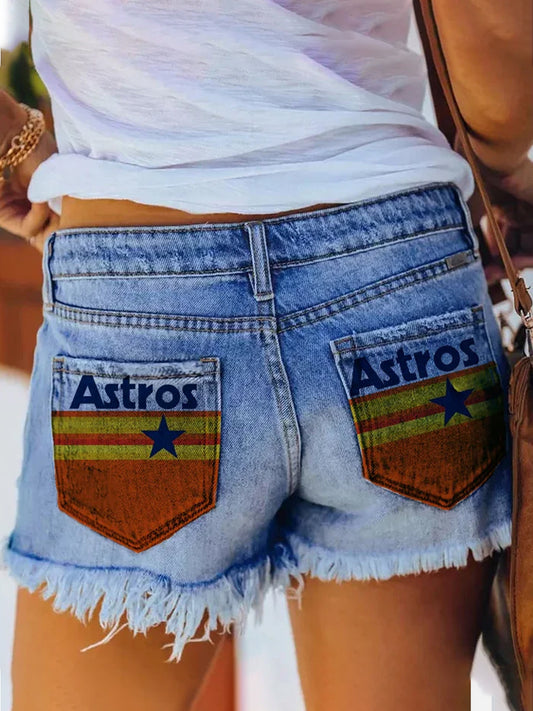 Astros Distressed Cutoff Denim Shorts - Women