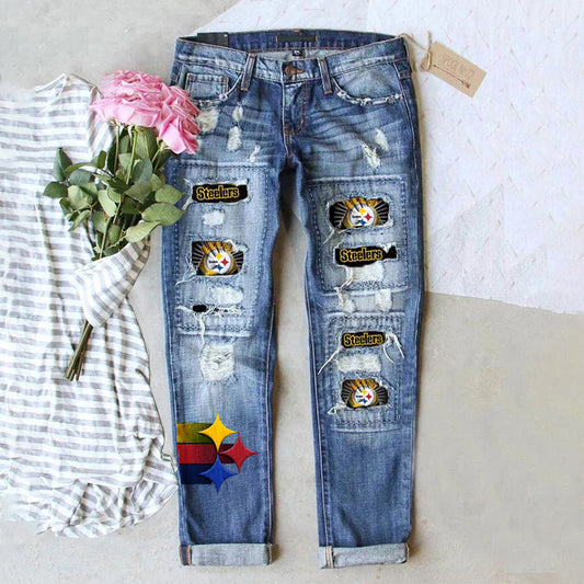 casual fashion perforated printed jeans