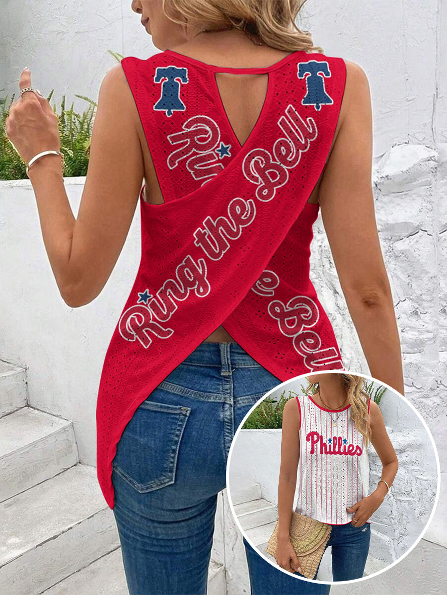 "Ring the bell!" Phillies Cut Out Wrap Cross Wrap Back Asymmetrical Beach Tank Top