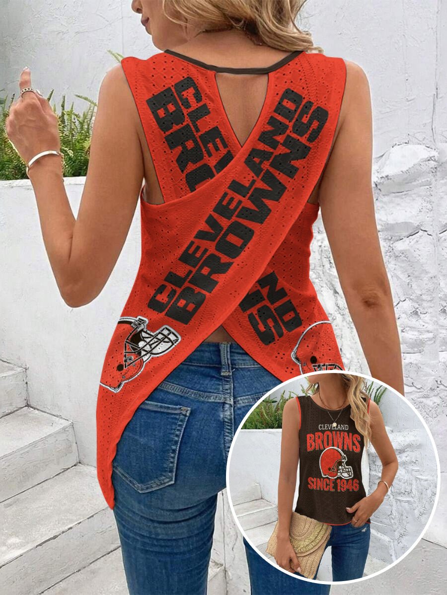 Cleveland Browns Cut Out Wrap Cross Wrap Back Asymmetrical Beach Tank Top
