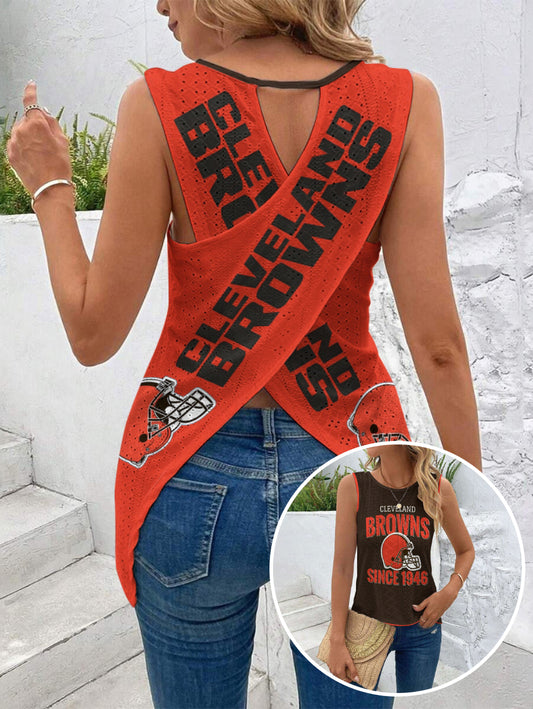 Cleveland Browns Cut Out Wrap Cross Wrap Back Asymmetrical Beach Tank Top
