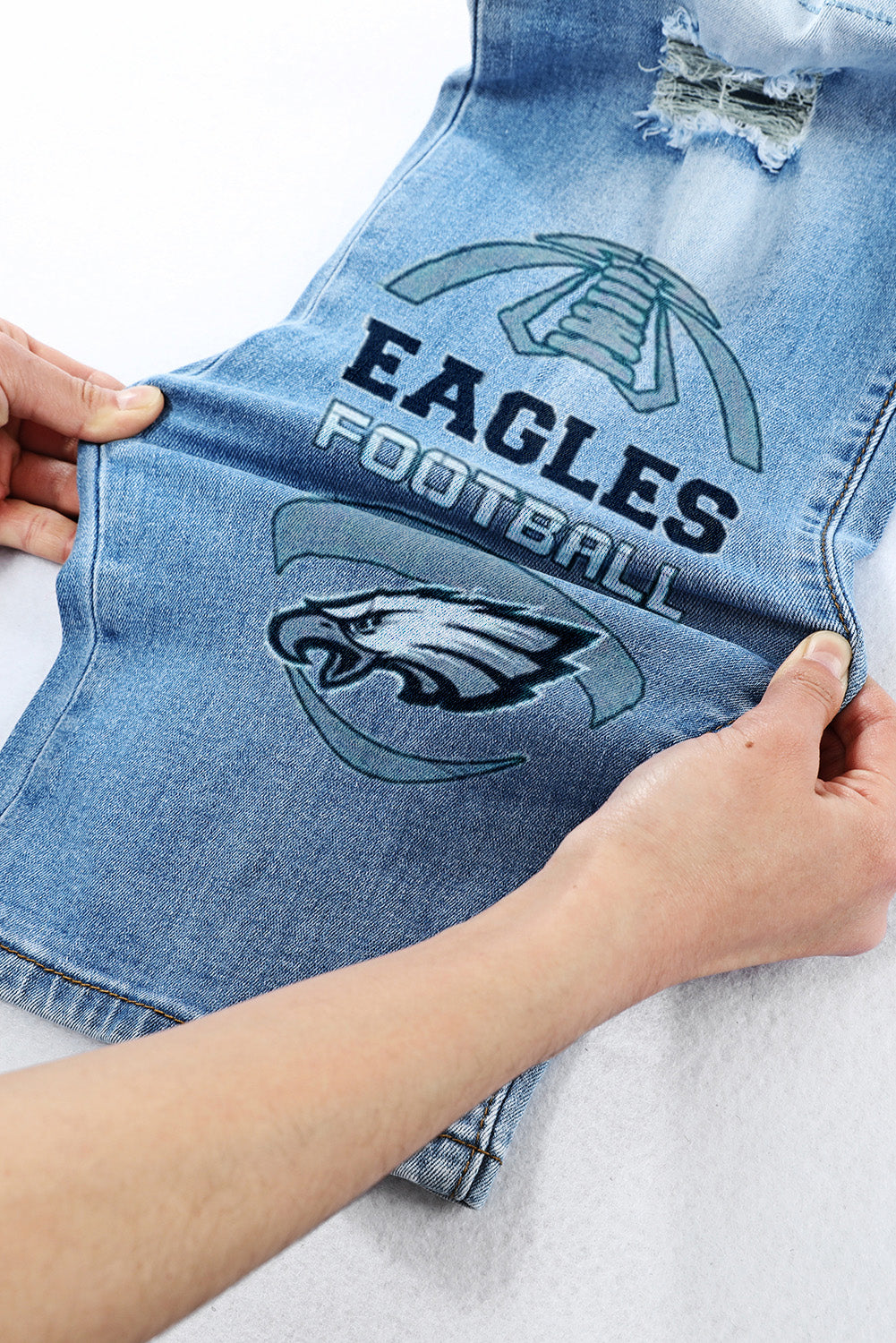 STRETCH RIPPED FRAYED RAW HEM DISTRESSED DENIM JEANS WITH HOLE