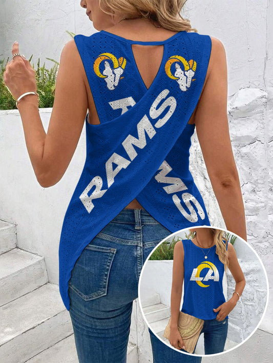 Los Angles Rams Cut Out Wrap Cross Wrap Back Asymmetrical Beach Tank Top