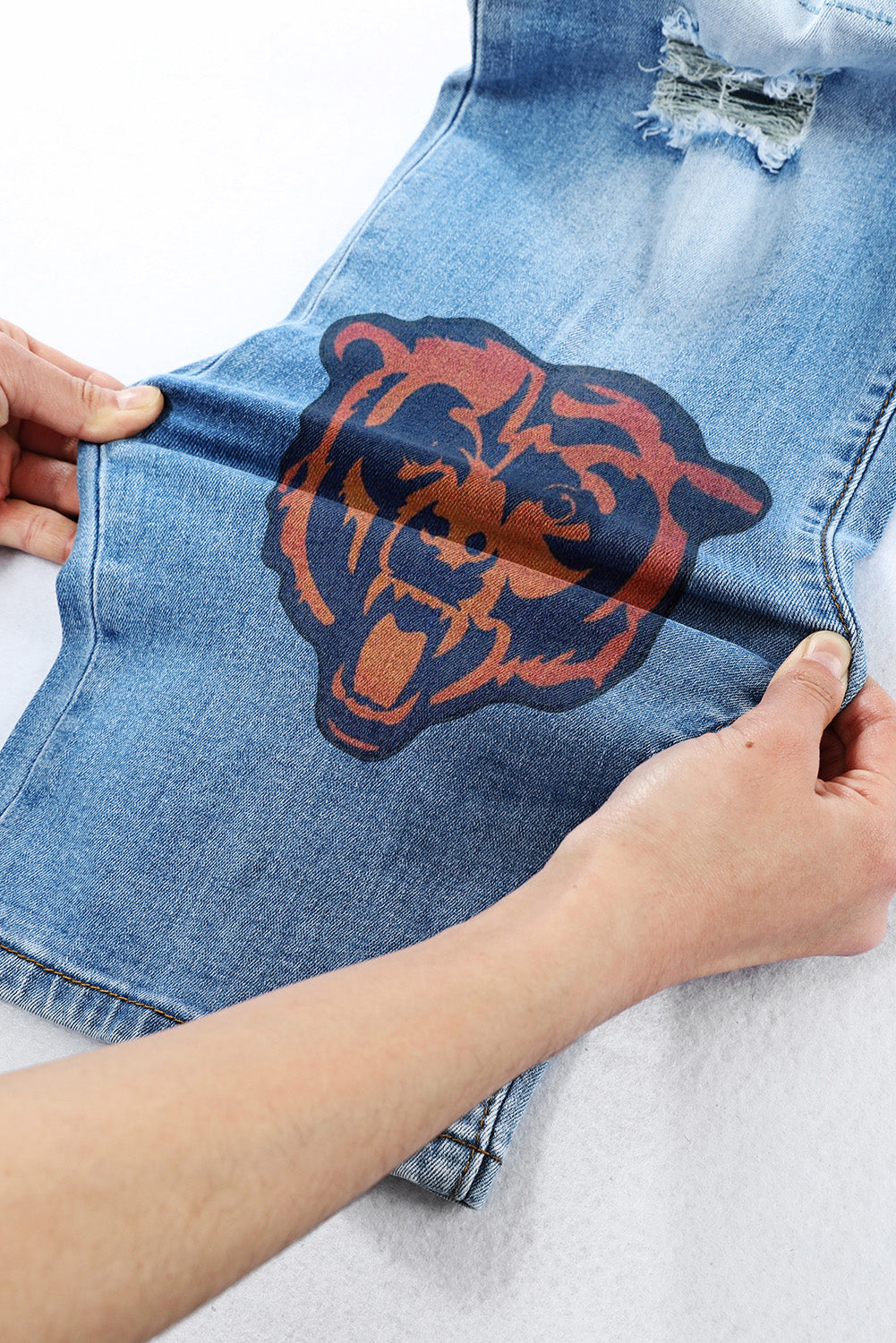 STRETCH RIPPED FRAYED RAW HEM DISTRESSED DENIM JEANS WITH HOLE