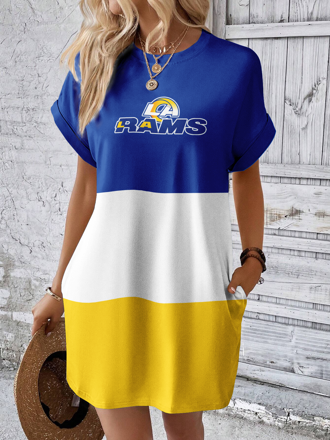 Los Angeles Rams Solid Hidden Pocket Batwing Sleeve Tee Dress