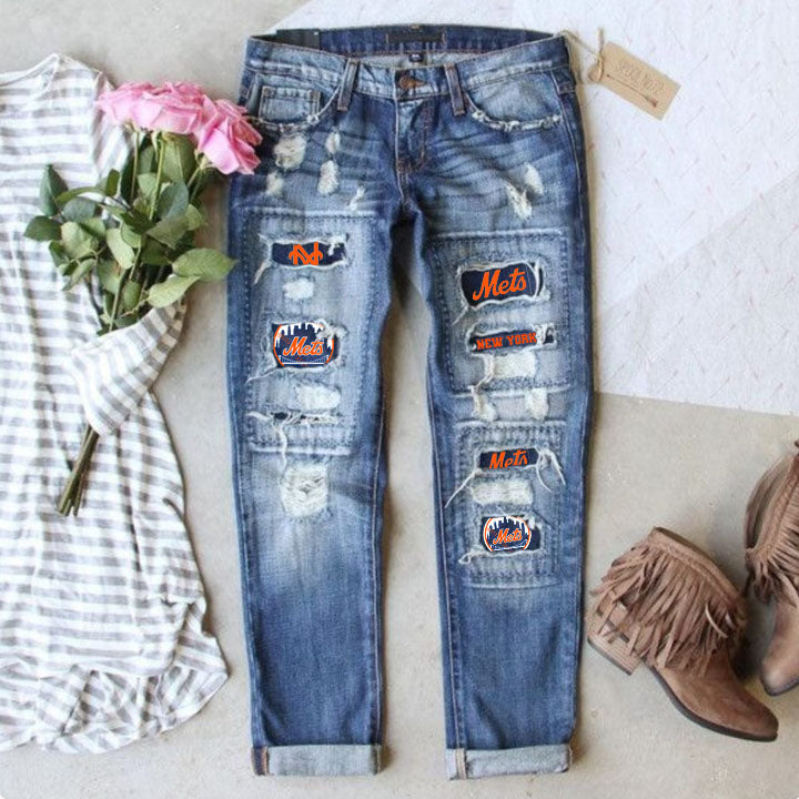 casual fashion perforated printed jeans