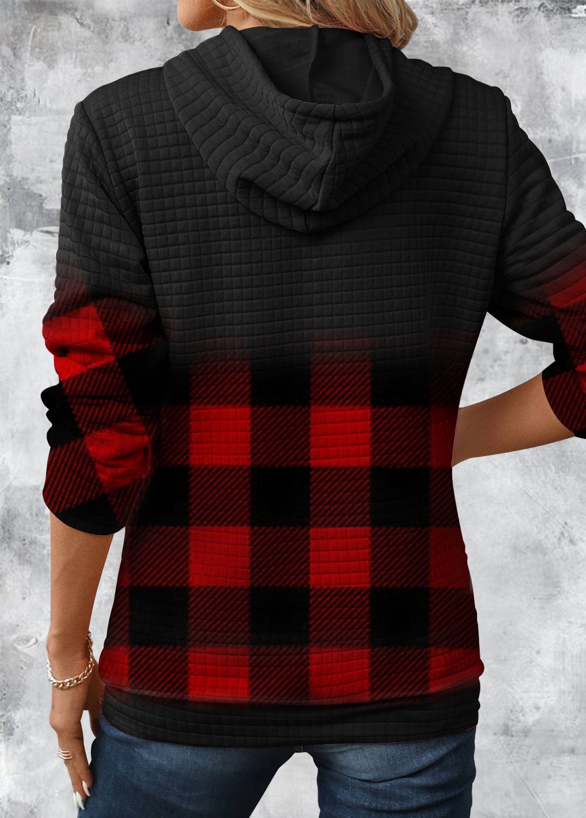 Gradient Patchwork Plaid Long Sleeve Hoodie