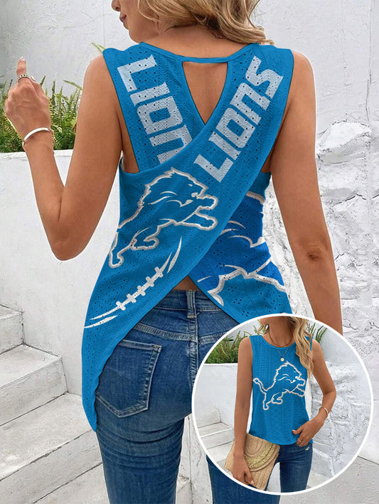 Detroit Lions Cut Out Wrap Cross Wrap Back Asymmetrical Beach Tank Top
