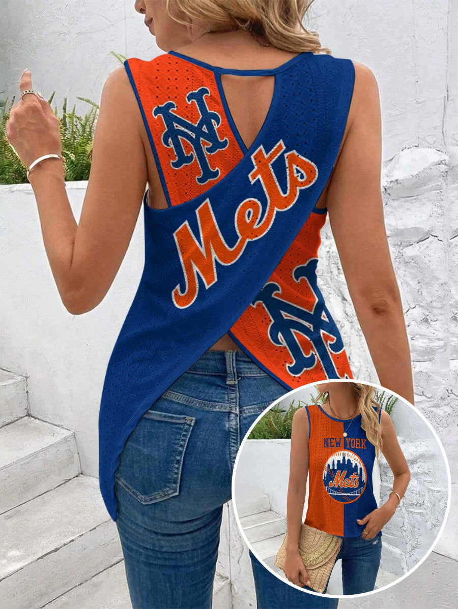 Mets Cut Out Wrap Cross Wrap Back Asymmetrical Beach Tank Top