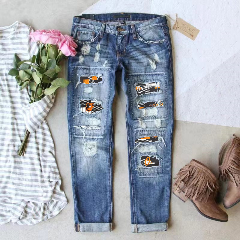 Casual Fashion Perforated Printed Jeans