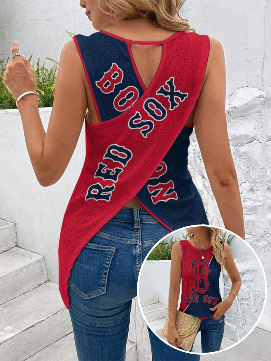 Red Sox Cut Out Wrap Cross Wrap Back Asymmetrical Beach Tank Top