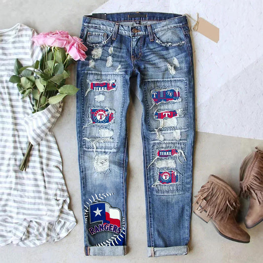 STRETCH RIPPED FRAYED RAW HEM DISTRESSED DENIM JEANS WITH HOLE