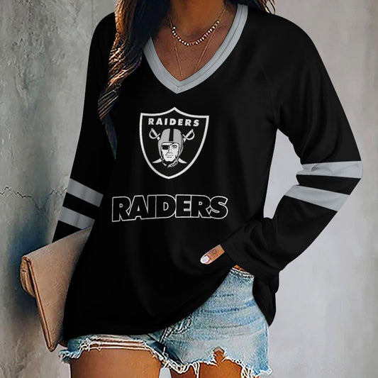 Las Vegas Raiders Women's V-neck Double-layered Long-sleeved Loose T-shirt