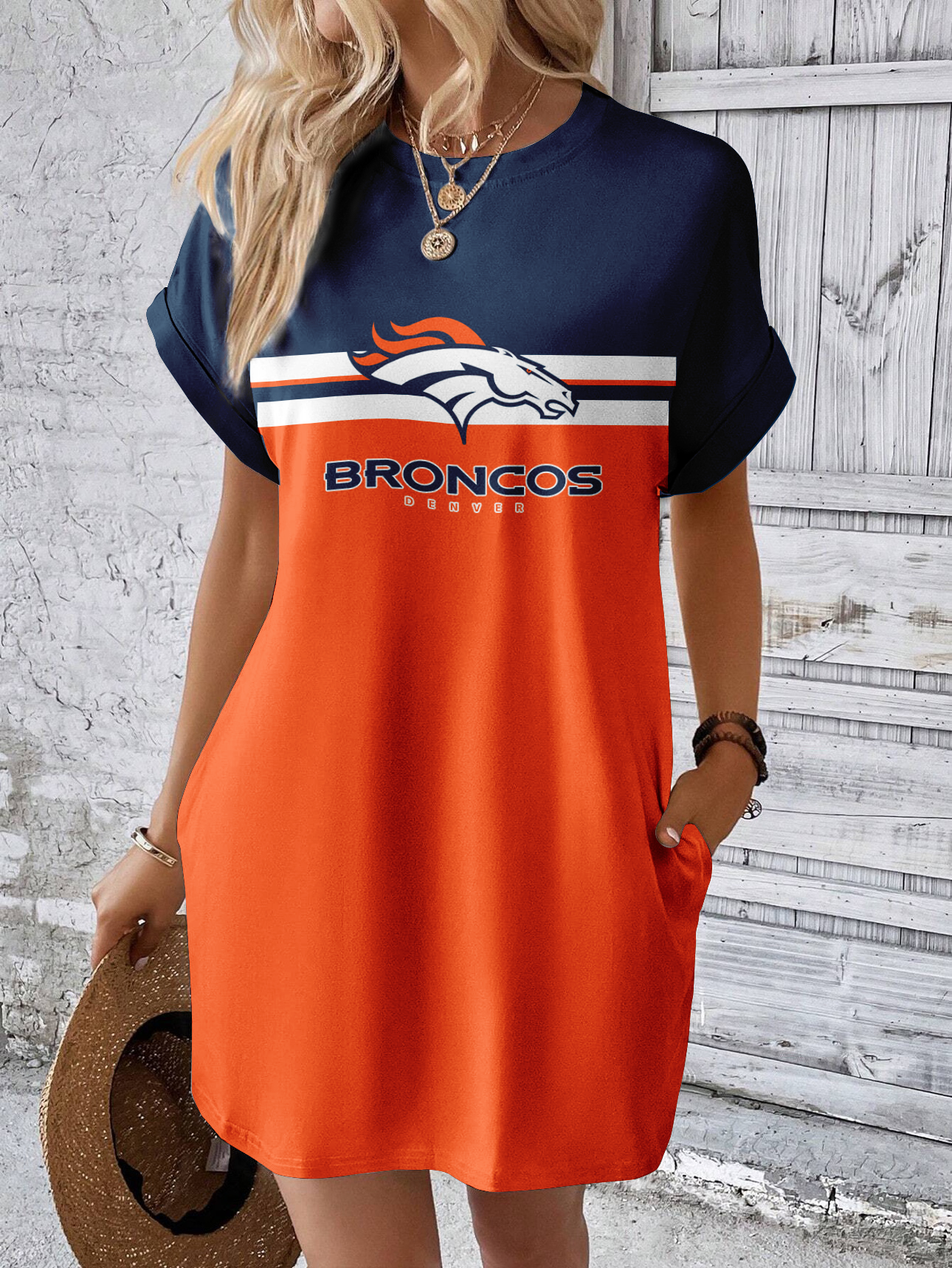 Denver Broncos Solid Hidden Pocket Batwing Sleeve Tee Dress