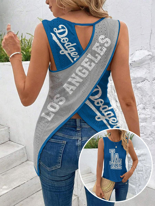 Dodgers Cut Out Wrap Cross Wrap Back Asymmetrical Beach Tank Top