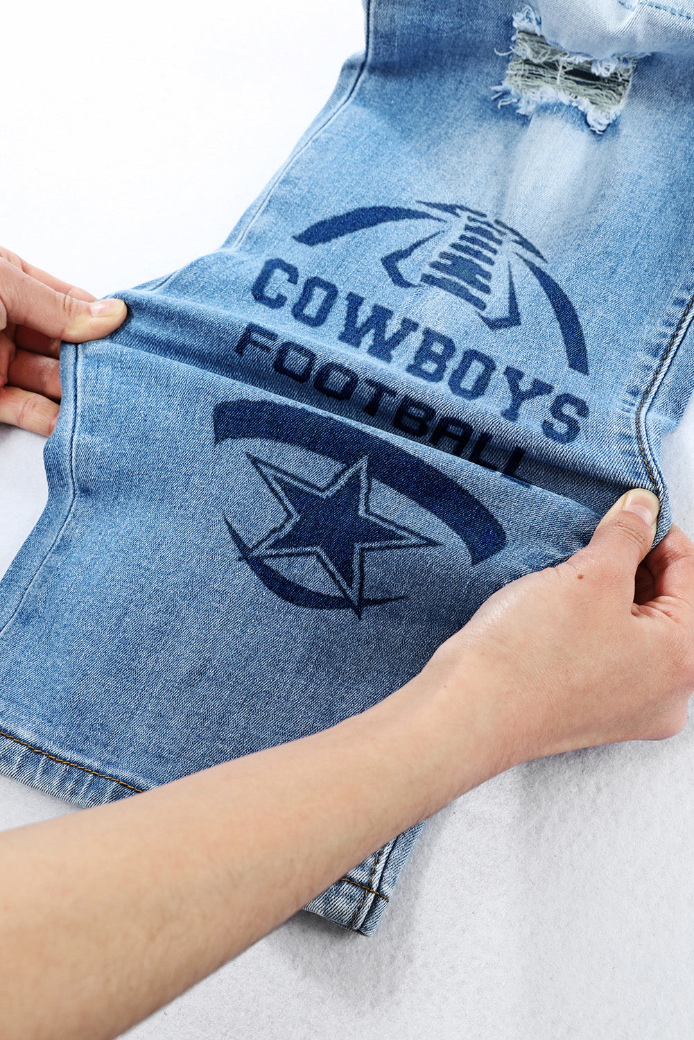 STRETCH RIPPED FRAYED RAW HEM DISTRESSED DENIM JEANS WITH HOLE