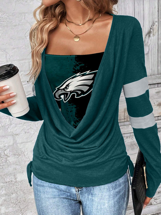 Contrast draped side drawstring T-shirt