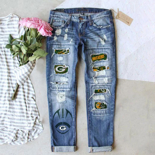STRETCH RIPPED FRAYED RAW HEM DISTRESSED DENIM JEANS WITH HOLE