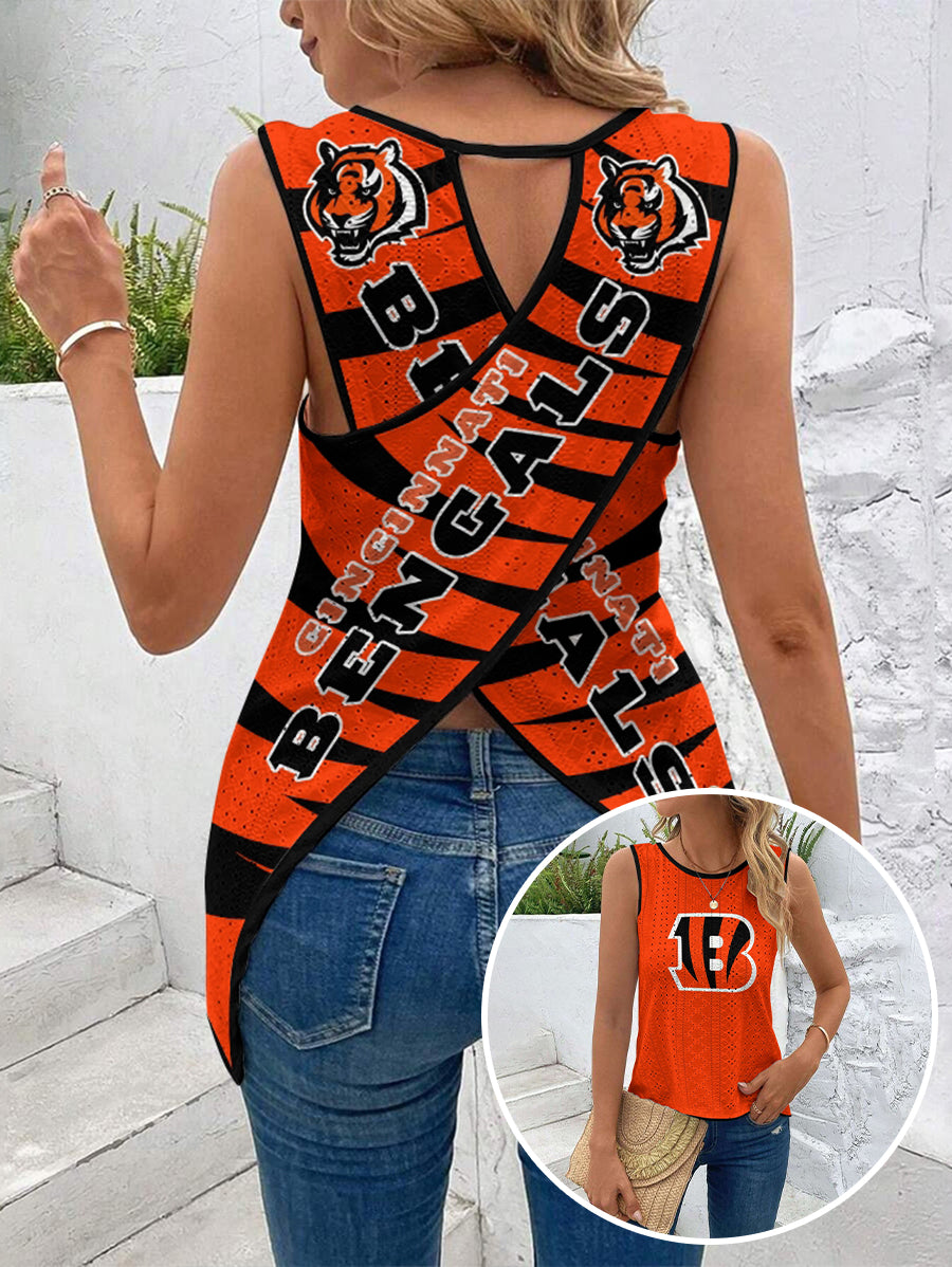 Cincinnati Bengals Cut Out Wrap Cross Wrap Back Asymmetrical Beach Tank Top