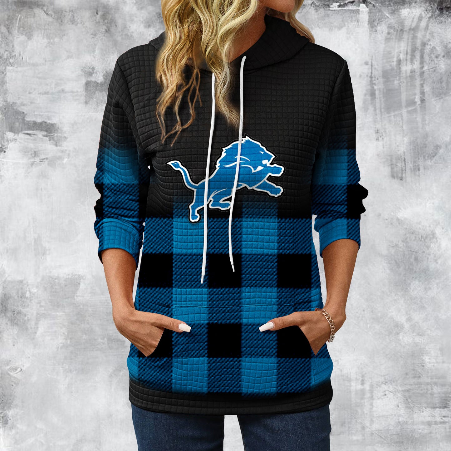 Gradient Patchwork Plaid Long Sleeve Hoodie