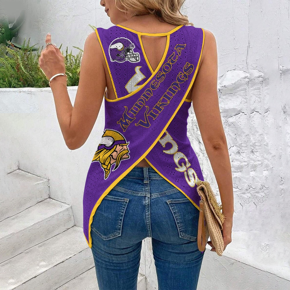 Minnesota Vikings Cut Out Wrap Cross Wrap Back Asymmetrical Beach Tank Top