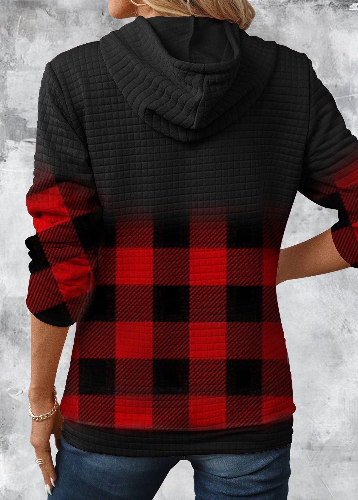 Gradient Patchwork Plaid Long Sleeve Hoodie