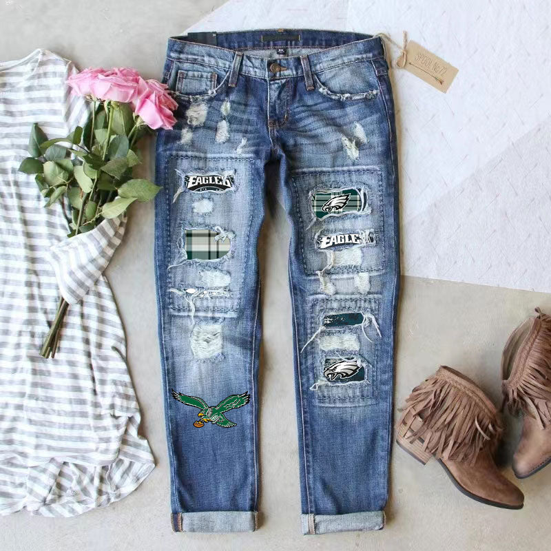 casual fashion perforated printed jeans