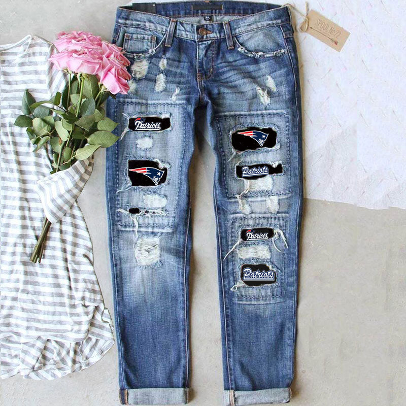 casual fashion perforated printed jeans