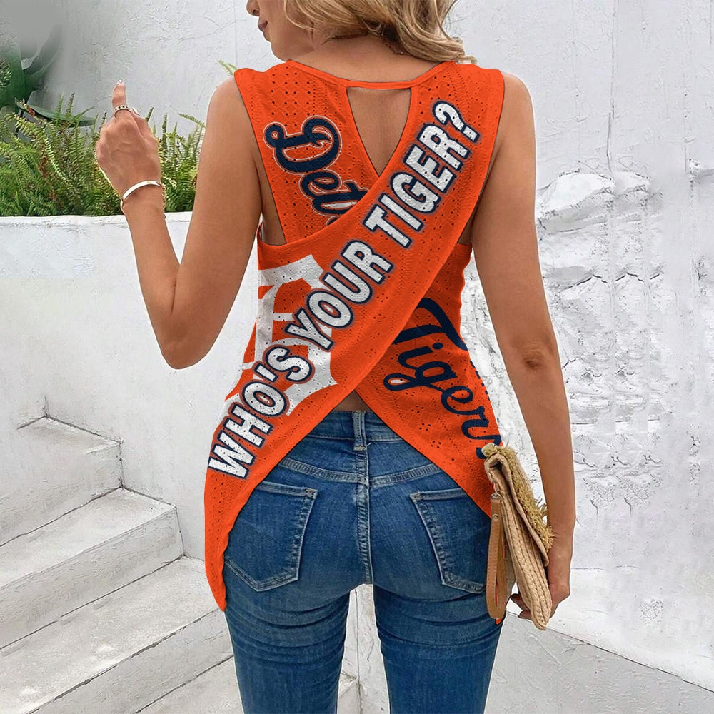 "WHO'S YOUR TIGER"Cut Out Wrap Cross Wrap Back Asymmetrical Beach Tank Top