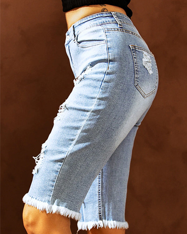 MID-RISE RIPPED PATCHES DENIM BERMUDA SHORTS